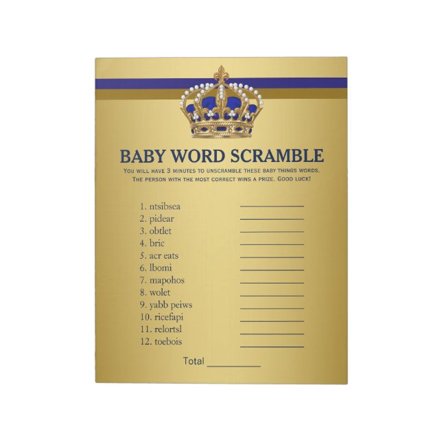 Prince Baby Shower Games Prince Ord Scramble Anteckningsblock (Roterad)