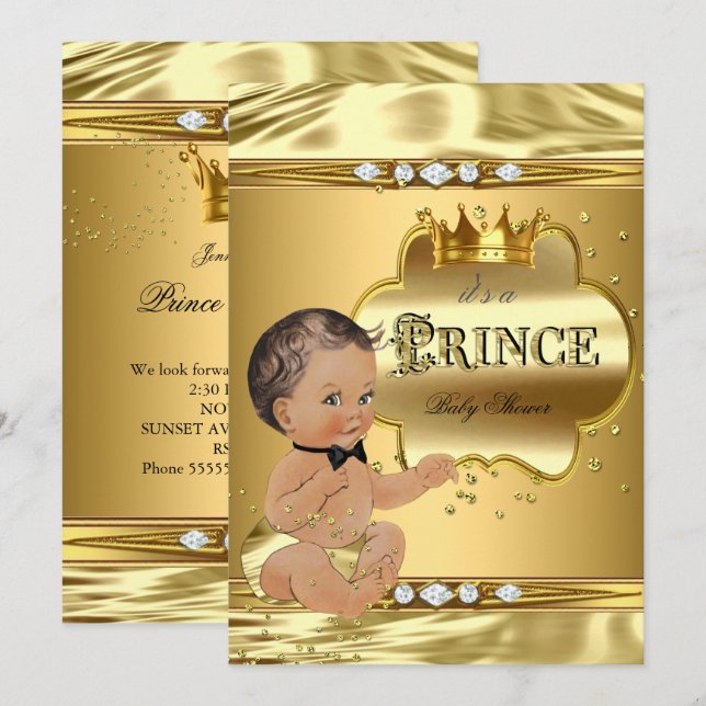 Prince Baby Shower Gold Foil Brunette Bow Tie Inbjudningar (Fram/baksida)