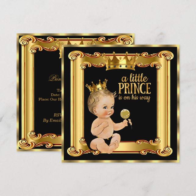 Prince Baby Shower Guld Faux Foil Black Blonde Boy Inbjudningar (Fram/baksida)