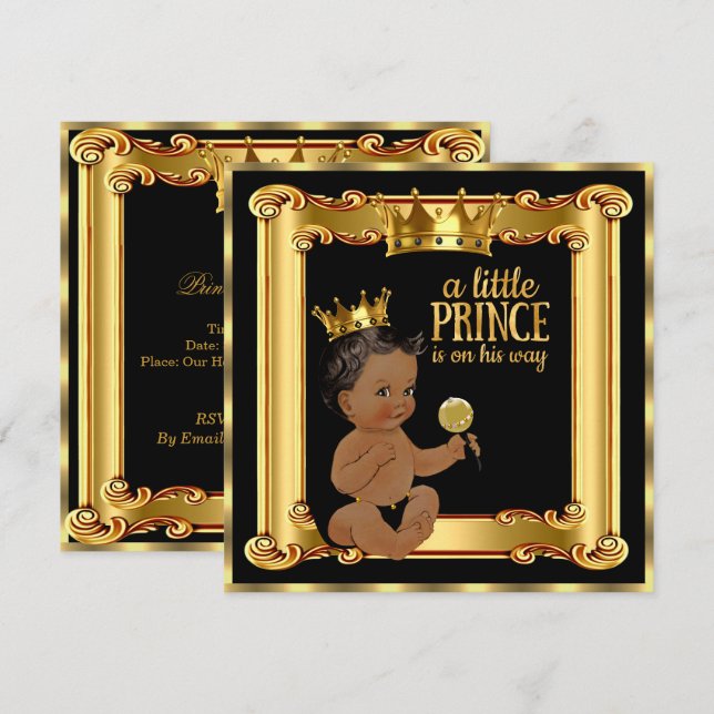 Prince Baby Shower Guld Faux Foil Black Ethnic Inbjudningar (Fram/baksida)