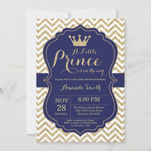 Prince Baby Shower-inbjudan, flottan och Guld Inbjudningar (Framsida)