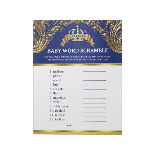 Prince Baby Shower Ord Scramble Games Anteckningsblock (Roterad)