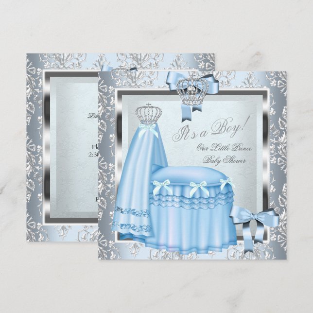 Prince Baby Shower Pojke Blue Damask Krona 4F Inbjudningar (Fram/baksida)
