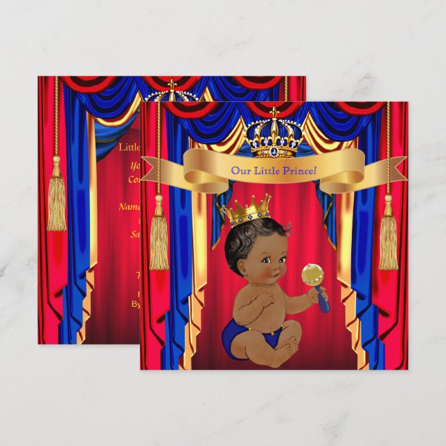 Prince Baby Shower Red Blue Guld Ethnic Inbjudningar (Fram/baksida)