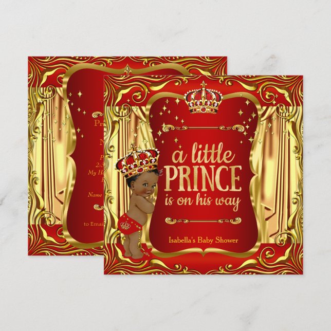 Prince Baby Shower Red Guld African American Inbjudningar (Fram/baksida)