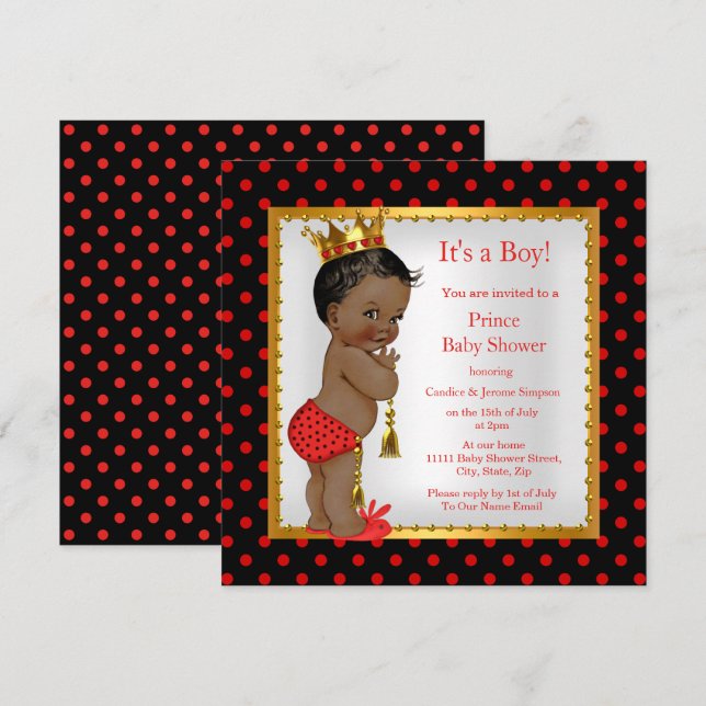 Prince Baby Shower Red Guld Black Boy Ethnic Inbjudningar (Fram/baksida)
