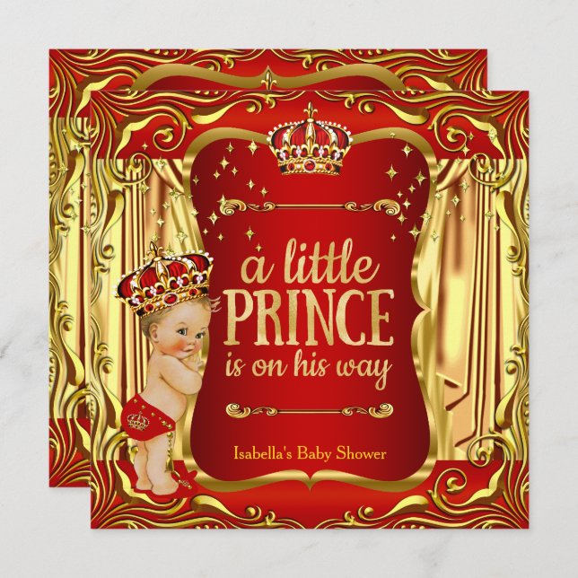 Prince Baby Shower Red Guld Boy Blonde Inbjudan (Fram/baksida)