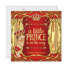 Prince Baby Shower Red Guld Boy Brunette Inbjudan