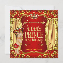Prince Baby Shower Red Guld Boy Brunette Inbjudan