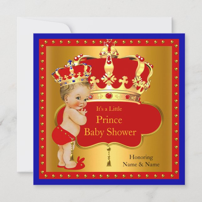 Prince Baby Shower Red Royal Blue Boy Krona Blonde Inbjudningar (Framsida)