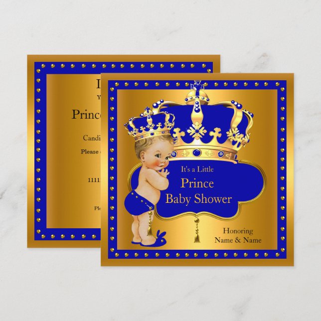 Prince Baby Shower Royal Blue Boy Krona Blonde Inbjudningar (Fram/baksida)