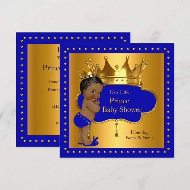 Prince Baby Shower Royal Blue Boy Krona Ethnic Inbjudningar (Fram/baksida)