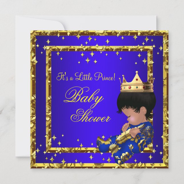 Prince Baby Shower Royal Blue Guld Boy krona Stars Inbjudningar (Framsida)