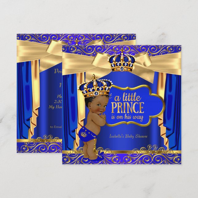 Prince Baby Shower Royal Blue Guld Drapes Ethnic Inbjudningar (Fram/baksida)