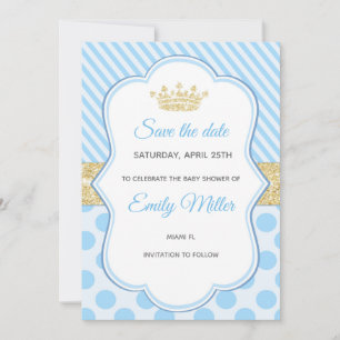 Prince Baby Shower Save Date Blue Guld Glitter Spara Datumet