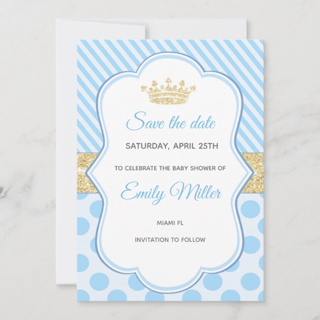 Prince Baby Shower Save Date Blue Guld Glitter Spara Datumet (Framsida)