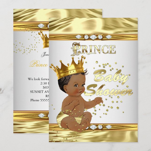 Prince Baby Shower White Gold Foil Ethnic Inbjudningar (Fram/baksida)