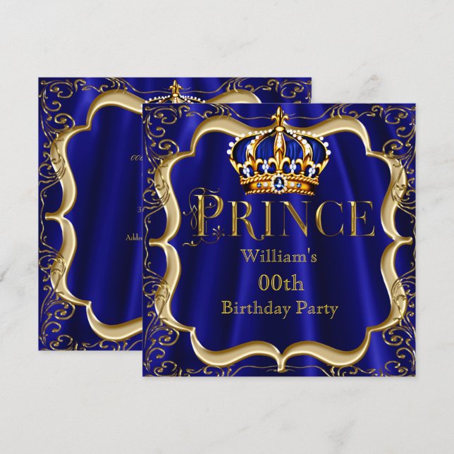 Prince Birthday Royal Blue Guld Krona Manar 2 Inbjudningar (Fram/baksida)