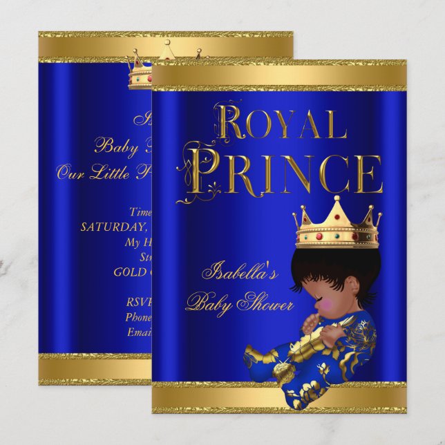 Prince Boy Baby Shower Blue Ethnic GULD Inbjudningar (Fram/baksida)