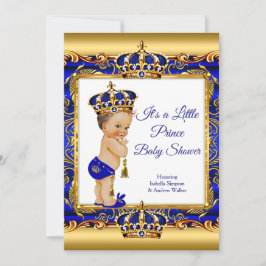 Prince Boy Baby Shower Blue Ornate Guld Brunette Inbjudningar