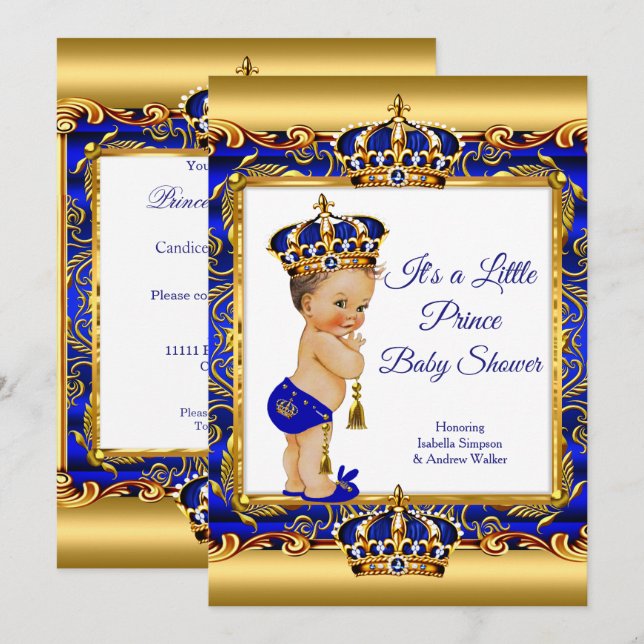 Prince Boy Baby Shower Blue Ornate Guld Brunette Inbjudningar (Fram/baksida)