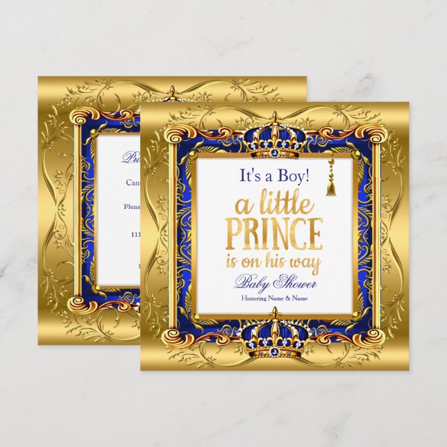 Prince Boy Baby Shower Blue Ornate Guld Inbjudningar (Fram/baksida)