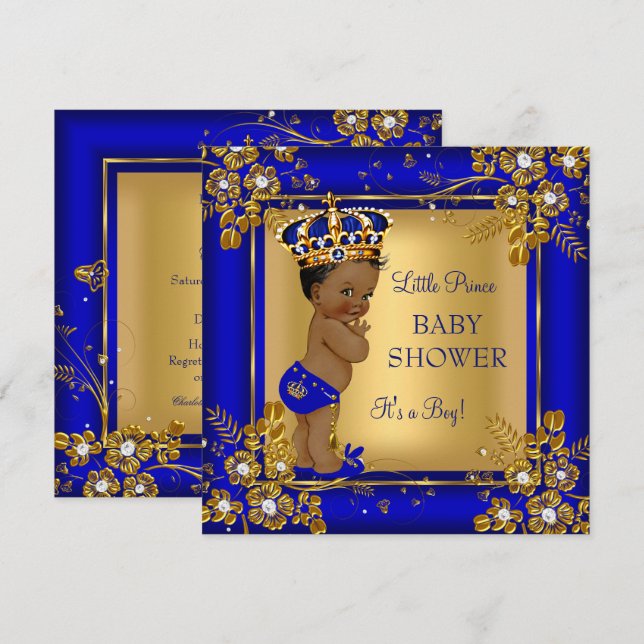 Prince Boy Baby Shower Guld Blue African American Inbjudningar (Fram/baksida)