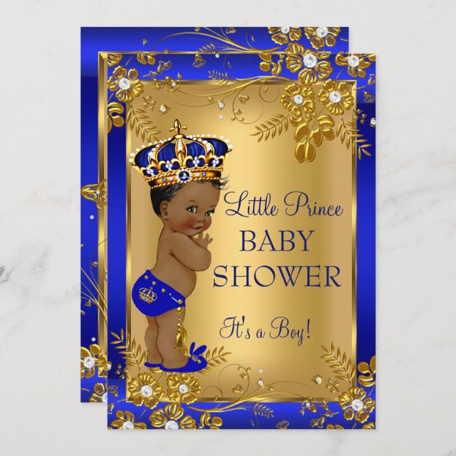 Prince Boy Baby Shower Guld Blue African American Inbjudningar (Fram/baksida)