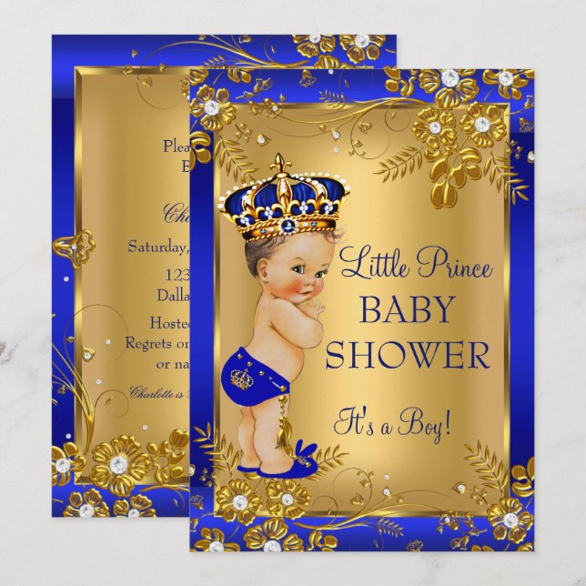 Prince Boy Baby Shower Guld Blue Blommigt Brunette Inbjudningar (Fram/baksida)