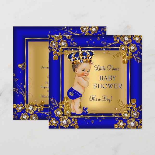 Prince Boy Baby Shower Guld Blue Brunette Inbjudningar (Fram/baksida)