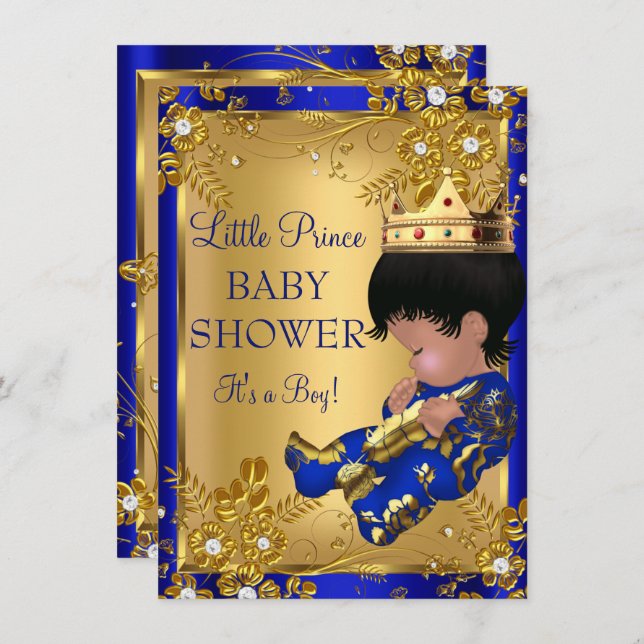 Prince Boy Baby Shower Guld & Blue-inbjudan Inbjudningar (Fram/baksida)
