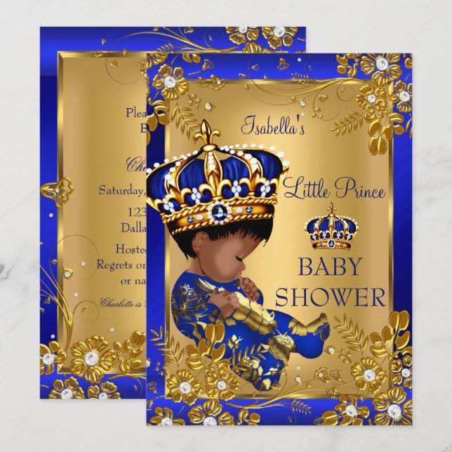 Prince Boy Baby Shower Guld Blue Krona Ethnic Inbjudningar (Fram/baksida)