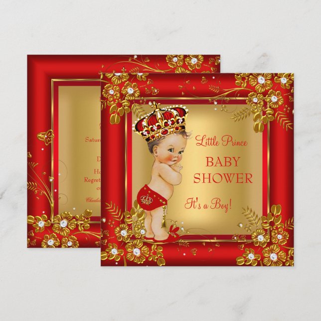 Prince Boy Baby Shower Guld Red Brunette Inbjudningar (Fram/baksida)