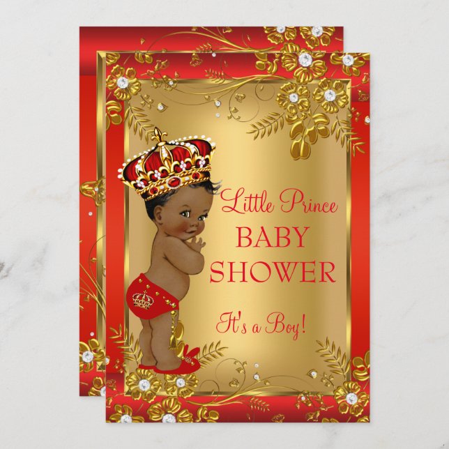 Prince Boy Baby Shower Red Guld African American Inbjudningar (Fram/baksida)