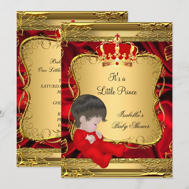 Prince Boy Baby Shower Red Ornate Guld Inbjudningar (Fram/baksida)