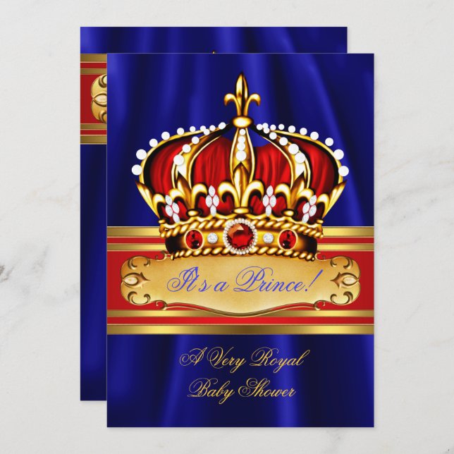 Prince Boy Baby Shower Red Royal Blue Guld Krona Inbjudningar (Fram/baksida)