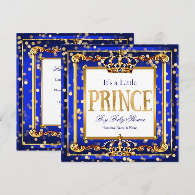 Prince Boy Baby Shower Royal Blue Guld Bokeh Inbjudningar (Fram/baksida)