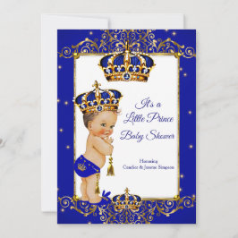 Prince Boy Baby Shower Royal Blue Guld Brunette Inbjudningar