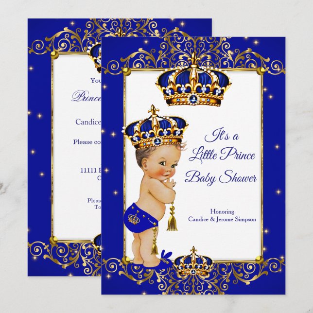 Prince Boy Baby Shower Royal Blue Guld Brunette Inbjudningar (Fram/baksida)