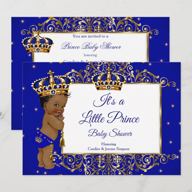 Prince Boy Baby Shower Royal Blue Guld Ethnic 2 Inbjudningar (Fram/baksida)