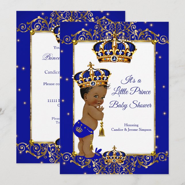 Prince Boy Baby Shower Royal Blue Guld Ethnic Inbjudningar (Fram/baksida)
