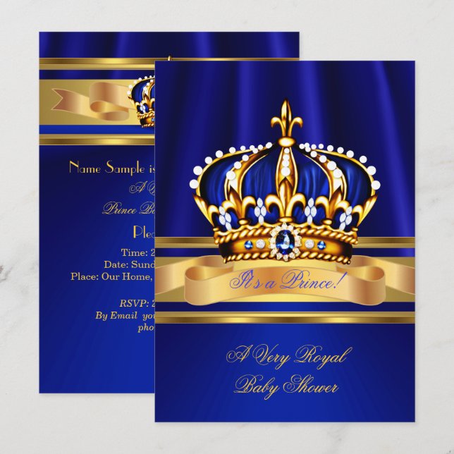 Prince Boy Baby Shower Royal Blue Guld Krona Inbjudningar (Fram/baksida)