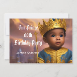 Prince Boy Birthday Blue Guld African 2 Inbjudningar