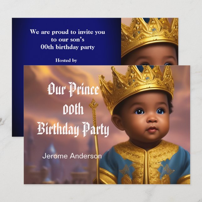 Prince Boy Birthday Blue Guld African 2 Inbjudningar (Fram/baksida)