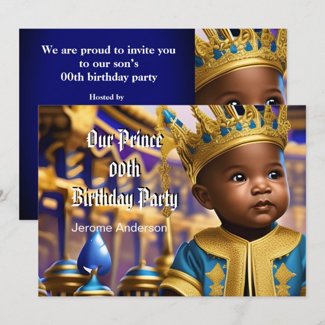 Prince Boy Birthday Blue Guld African Inbjudningar (Fram/baksida)