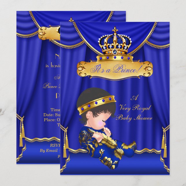 Prince Boy Shower Royal Blue Drapes Brunette Inbjudningar (Fram/baksida)