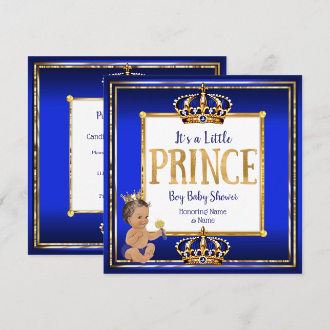 Prince Boy Shower Royal Blue Guld Brunette DK Inbjudningar (Fram/baksida)