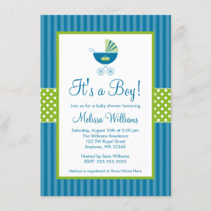 Prince Carriage Blue Grönt Rand Baby Shower Inbjudningar