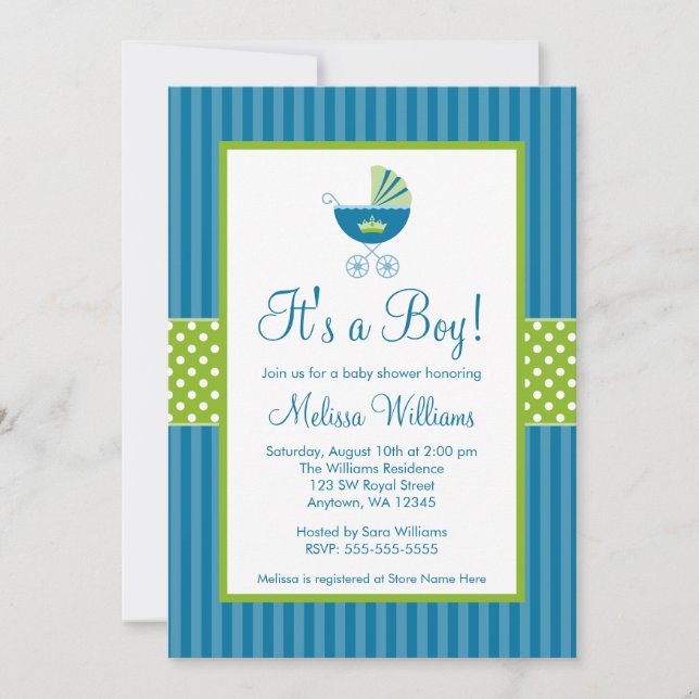 Prince Carriage Blue Grönt Rand Baby Shower Inbjudningar (Framsida)