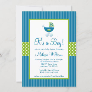 Prince Carriage Blue Grönt Rand Baby Shower Inbjudningar